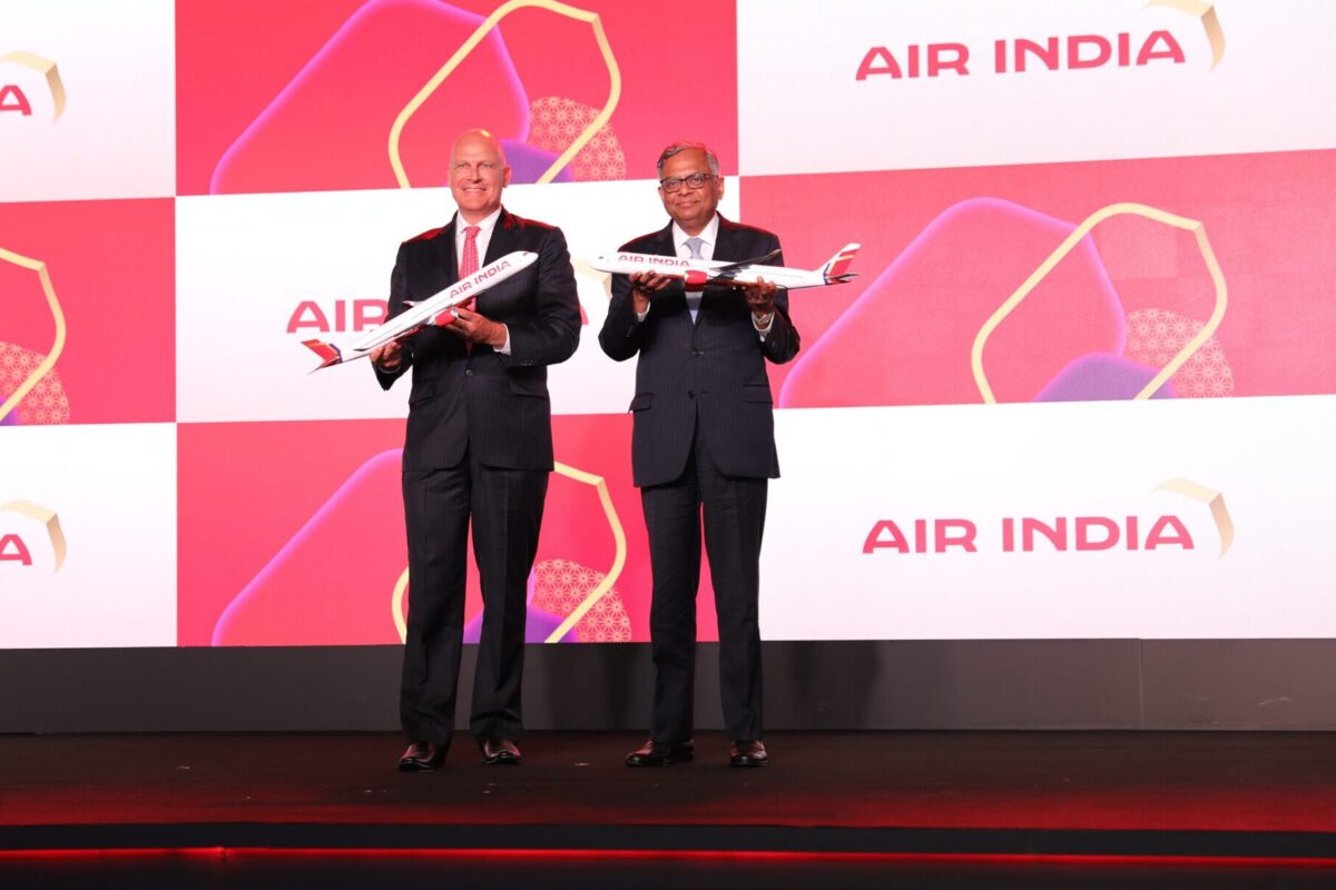 Air India CEO and MD Campbell Wilson and Tata Sons Chairman Na Chandrasekaran at the brand relaunch event.